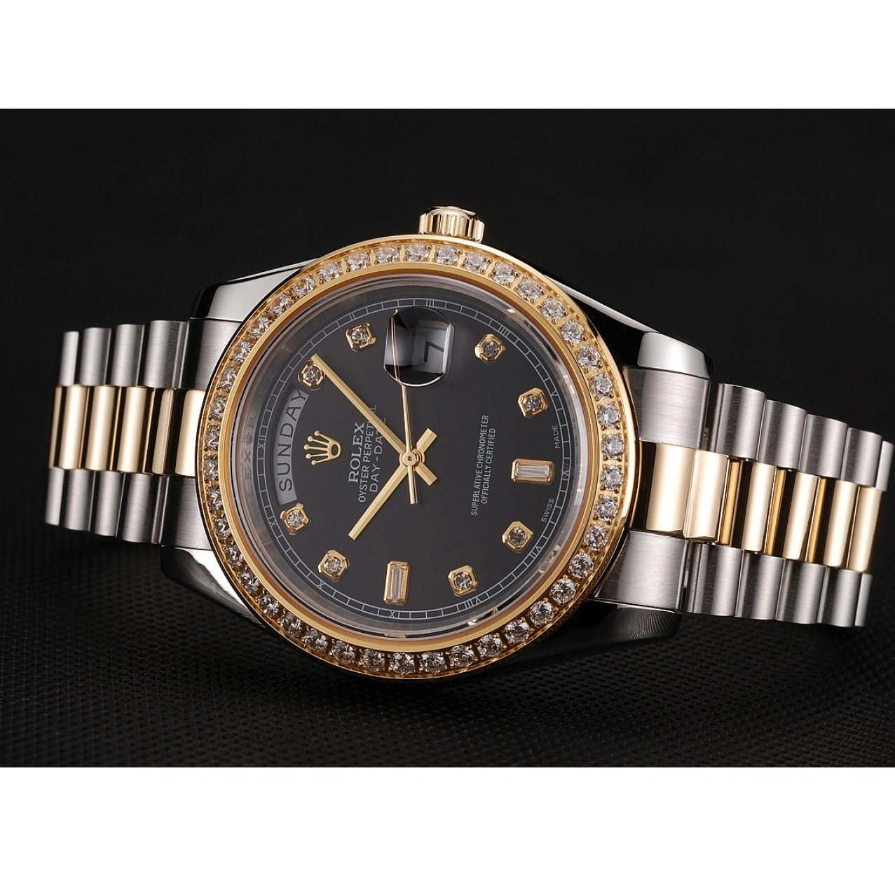 Aaa replica watch Dial Steel Gold Tone Swiss Bracelet Two 1453976 Stainless Rolex Case Diamond Day-Date Black 0726